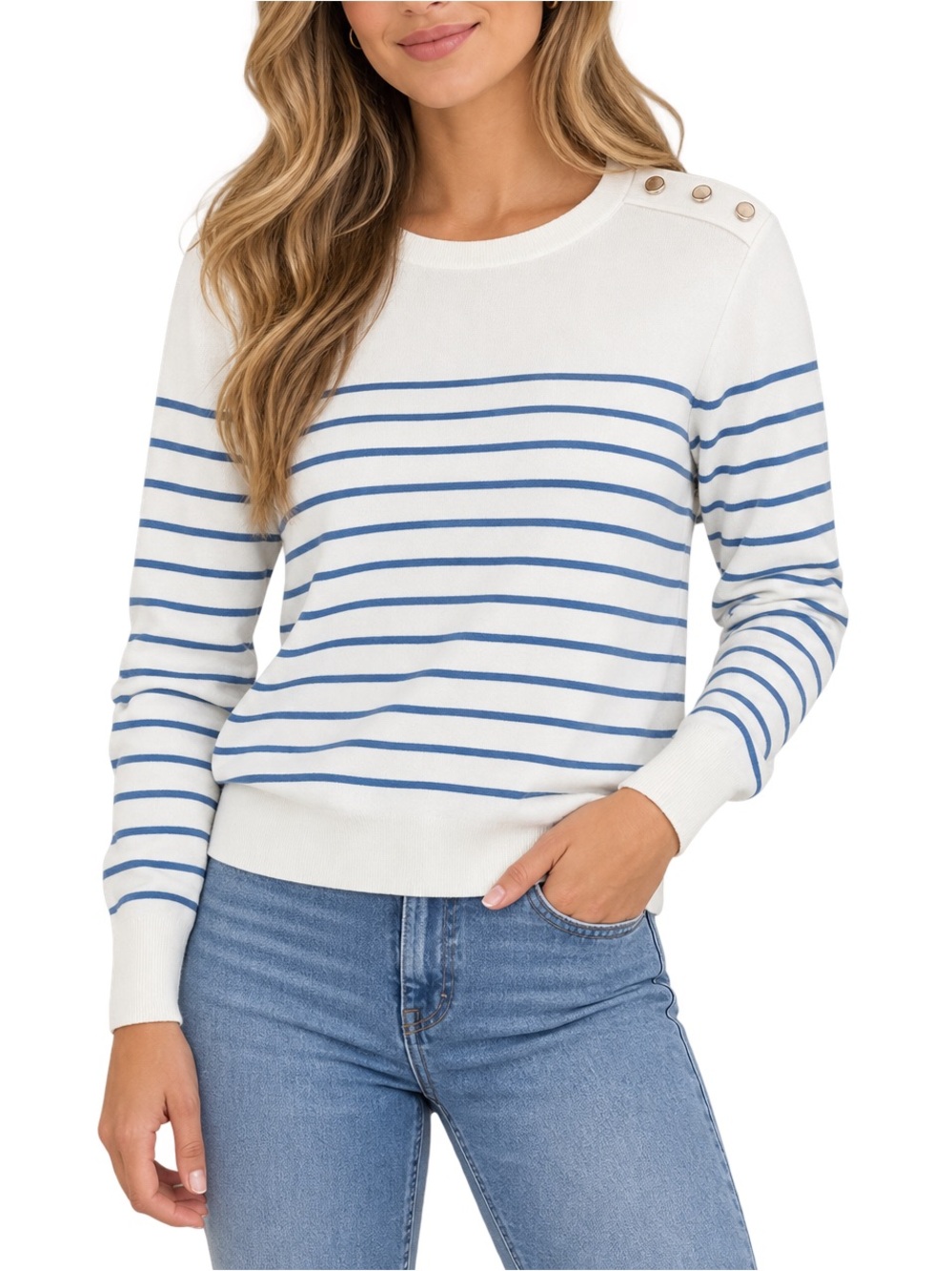 Ann Taylor Factory White & Blue Striped Crewneck Sweater, size Medium